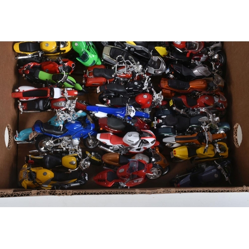 13 - THREE BOXES OF SCALE MODEL MOTORBIKES, DISPLAY STANDS AND FIVE FOLDERS OF HATCHETTE 'MEGA BIKE' COLL... 