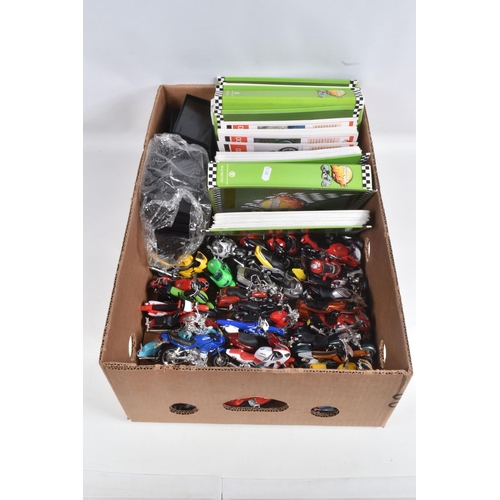 13 - THREE BOXES OF SCALE MODEL MOTORBIKES, DISPLAY STANDS AND FIVE FOLDERS OF HATCHETTE 'MEGA BIKE' COLL... 