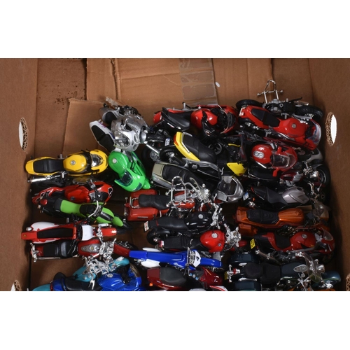 13 - THREE BOXES OF SCALE MODEL MOTORBIKES, DISPLAY STANDS AND FIVE FOLDERS OF HATCHETTE 'MEGA BIKE' COLL... 