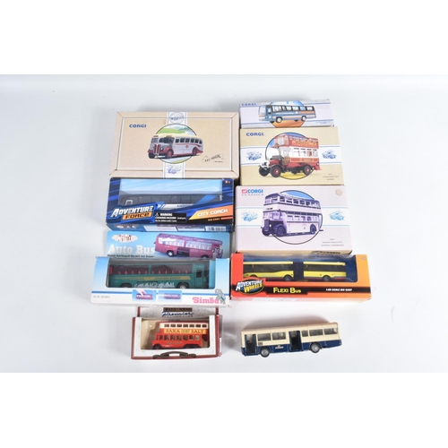 14 - A BOX OF BOXED AND LOOSE DIECAST AND PLASTIC BUSES AND TRAMS, thirty seven items including boxed Cor... 