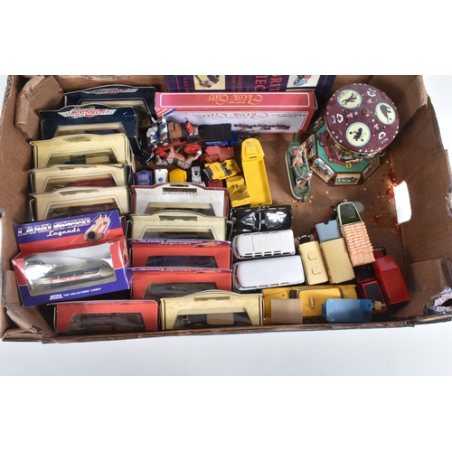 15 - A BOX OF BOXED AND LOOSE DIECAST VEHICLES, thirty eight vehicles, together with a modern tin plate c... 