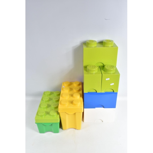 72 - A QUANTITY OF ASSORTED EMPTY PLASTIC LEGO STORAGE BOXES, majority shaped as Lego bricks and are stac... 