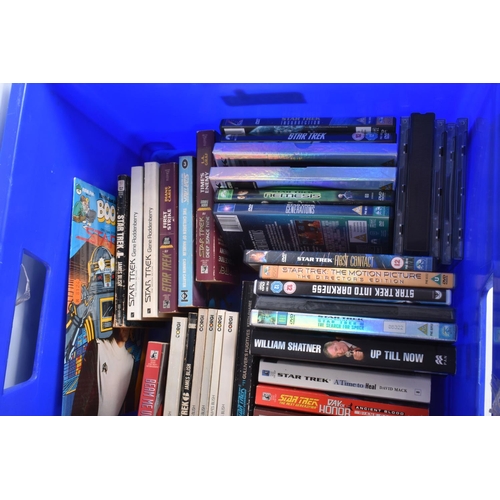 96 - A COLLECTION OF STAR TREK TV SERIES BOOKS, DVDs, CDs AND A FRAMED LP, to include 25 paperback and 1 ... 