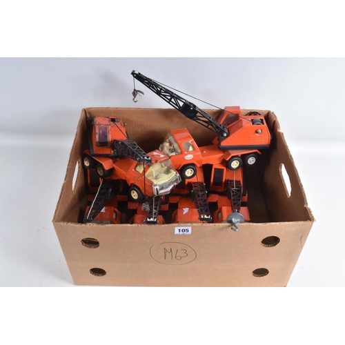 105 - SIX MINI TONKA TOYS LORRY/TRUCK MOUNTED CRANES, all in orange livery and appear largely complete and... 