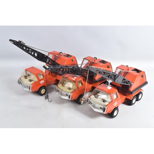 105 - SIX MINI TONKA TOYS LORRY/TRUCK MOUNTED CRANES, all in orange livery and appear largely complete and... 