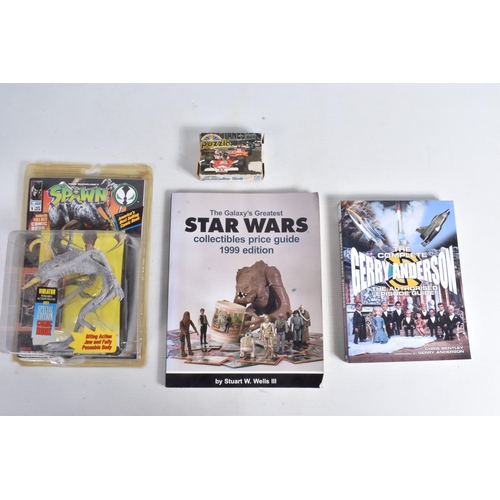 114 - A QUANTITY OF LOOSE AND BOXED FIGURES, BOOKS, AND PUZZLES, to include 3 soft cover books, a Star War... 