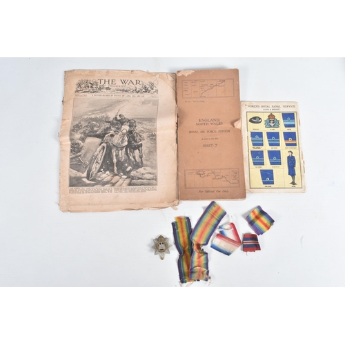 241 - A WWI DATED 1915 SEXTENT IN A LEATHER CARRY CASE, photos, map, trousers, and some medal ribbons, the... 