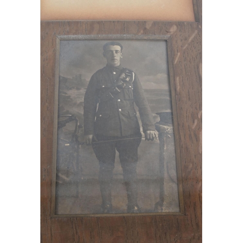 242 - A WWI FRAMED CASUALTY GROUP OF MEDALS, these include a 1914/15 Trio of medals, memorial plaque scrol... 