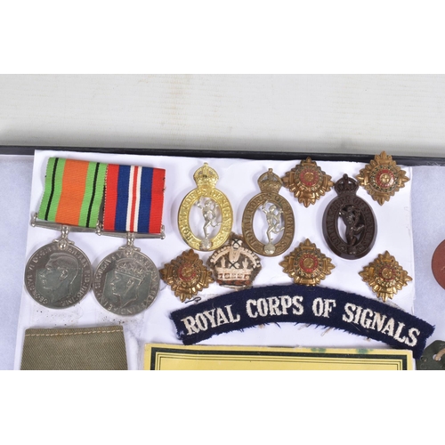 253 - A RIKER MOUNT DISPLAY CASE, containing WW2 War & Defence Medal, Insignia and badges including Dog Ta... 