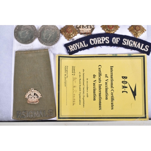 253 - A RIKER MOUNT DISPLAY CASE, containing WW2 War & Defence Medal, Insignia and badges including Dog Ta... 