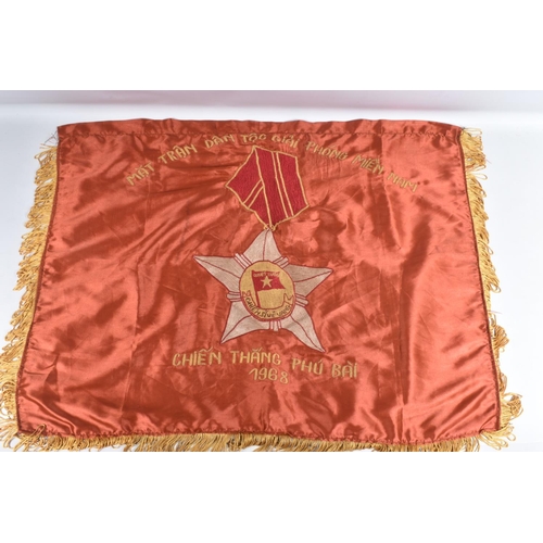 261 - THREE BATTLE FLAGS FROM THE VIETNAM WAR ERA(Viet cong) 2 are approx 90x60cm size dated 1968 possibly... 