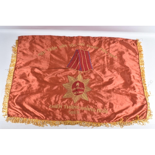 261 - THREE BATTLE FLAGS FROM THE VIETNAM WAR ERA(Viet cong) 2 are approx 90x60cm size dated 1968 possibly... 