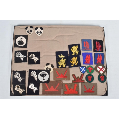 263 - RIKER DISPLAY CASE CONTAINING 29 UK MILITARY FORMATION PATCHES inc 6 th Armoured Bgde, 43rd Infantry... 