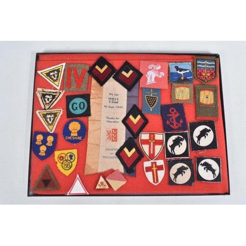 264 - RIKER DISPLAY CASE CONTAINING VARIOUS FORMATION PATCHES & INSIGNIA with an Operation Market Garden i... 