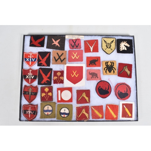 266 - RIKER DISPLAY CASE CONTAINING over 25 Formation and Unit patches WW2 era to include 15th Indian Corp... 