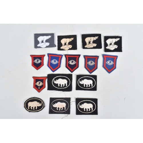 267 - RIKER DISPLAY CASE CONTAINING over 30 formation patches from British Units WW2 era, to include 49th ... 