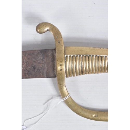 274 - A 19TH CENTURY FRENCH INFANTRY SWORD / BRIQUET, with brass handle, indistinctly stamped, blade lengt... 