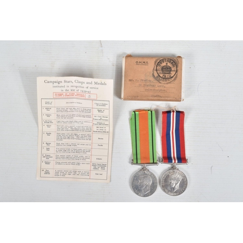 287 - A BOXED WWII PAIR OF MEDALS WITH SERVICE BOOK, RATION BOOK AND LETTER etc, the boxed medals, letter ... 