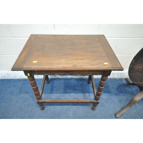 155 - A GEORGIAN OAK TILT TOP TRIPOD TABLE, diameter 85cm x height 68cm, along with an oak bobbin turned o... 