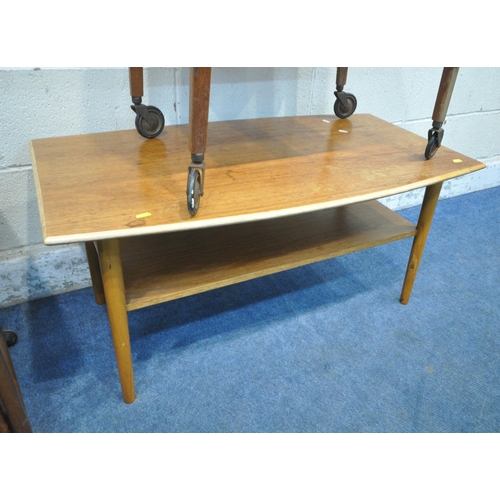 157 - FOUR PIECES OF MID-CENTURY FURNITURE, to include a McIntosh triform teak fold over nest of tables, t... 