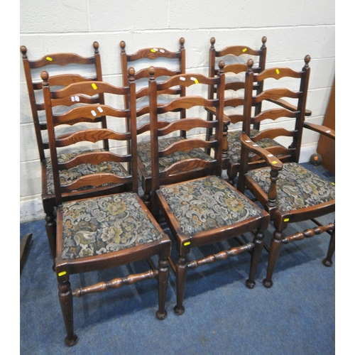 158 - A SET OF SIX PRIORY OAK LADDERBACK CHAIRS, with drop in seat pads, a stained beech rocking chair, a ... 