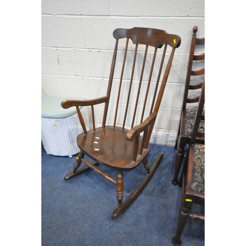 158 - A SET OF SIX PRIORY OAK LADDERBACK CHAIRS, with drop in seat pads, a stained beech rocking chair, a ... 