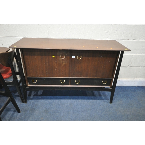 159 - A G PLAN TOLA AND BLACK AFROMOSIA DINING SUITE, comprising a drop leaf dining table, open width 138c... 