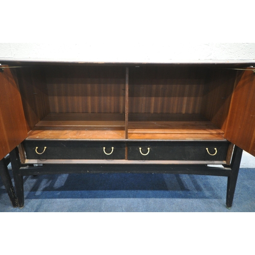 159 - A G PLAN TOLA AND BLACK AFROMOSIA DINING SUITE, comprising a drop leaf dining table, open width 138c... 