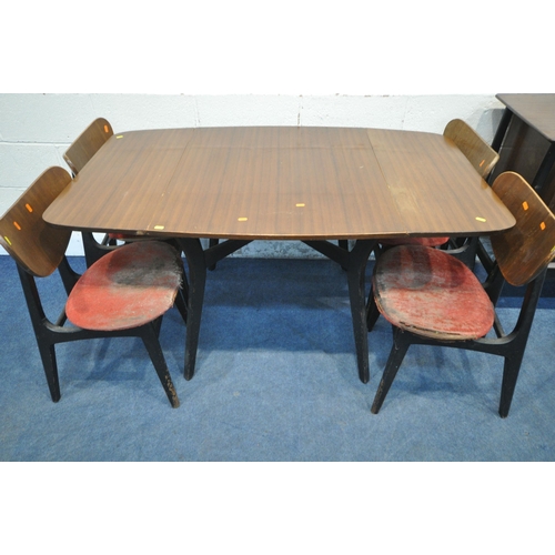 159 - A G PLAN TOLA AND BLACK AFROMOSIA DINING SUITE, comprising a drop leaf dining table, open width 138c... 