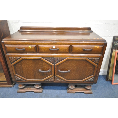 160 - A 1940'S OAK SIDEBOARD, along with an oak glazed two door bookcase and a record cabinet, condition r... 