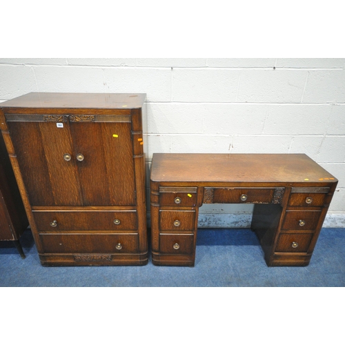 161 - A 1940'S OAK BEDROOM SUITE, comprising a dressing table and tall boy, along with a mid-century cockt... 