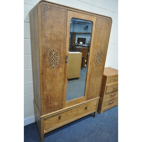 162 - AN ART DECO OAK TWO PIECE BEDROOM SUITE, comprising a single mirror door wardrobe with a singe drawe... 