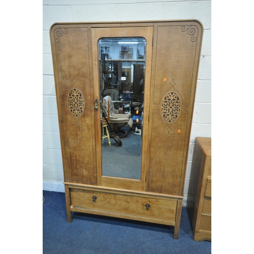 162 - AN ART DECO OAK TWO PIECE BEDROOM SUITE, comprising a single mirror door wardrobe with a singe drawe... 