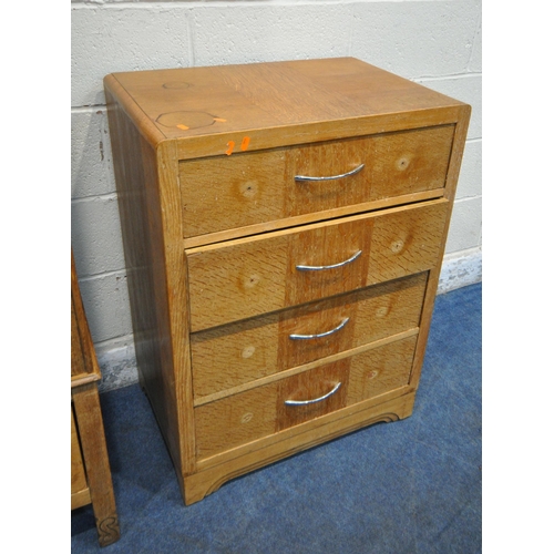 162 - AN ART DECO OAK TWO PIECE BEDROOM SUITE, comprising a single mirror door wardrobe with a singe drawe... 