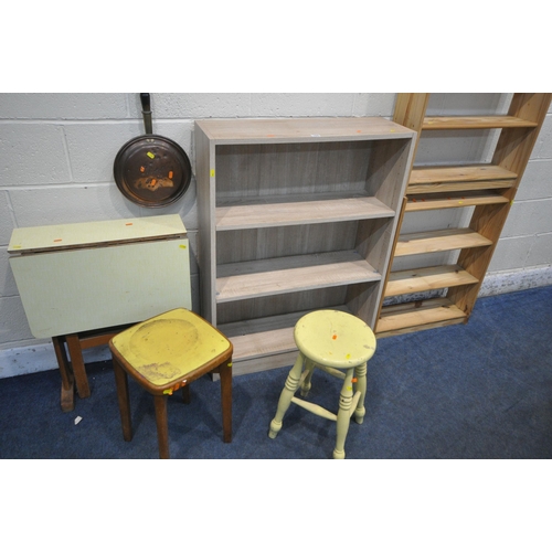 164 - AN OAK EFFECT OPEN BOOKCASE, along with two pine bookcases, a formica drop leaf table, two stools, f... 