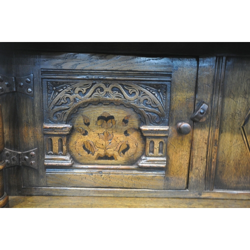 165 - A REPRODUCTION OAK AND MARQUETRY INLAID COURT CUPBOARD, with an arrangement of cupboards and two dra... 