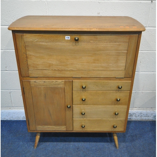 170 - A MID-CENTURY ERCOL STYLE BLONDE ELM BUREAU, with four drawers besides a single cupboard door, width... 