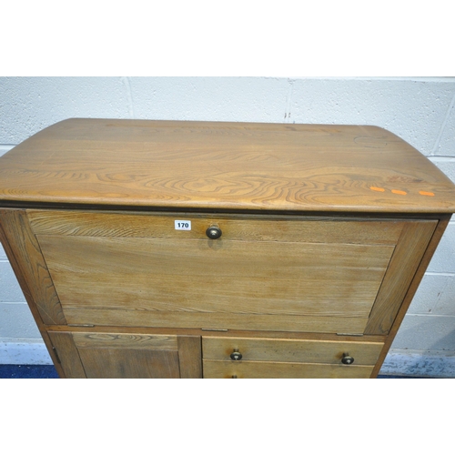 170 - A MID-CENTURY ERCOL STYLE BLONDE ELM BUREAU, with four drawers besides a single cupboard door, width... 