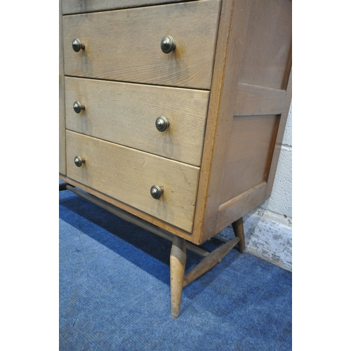 170 - A MID-CENTURY ERCOL STYLE BLONDE ELM BUREAU, with four drawers besides a single cupboard door, width... 