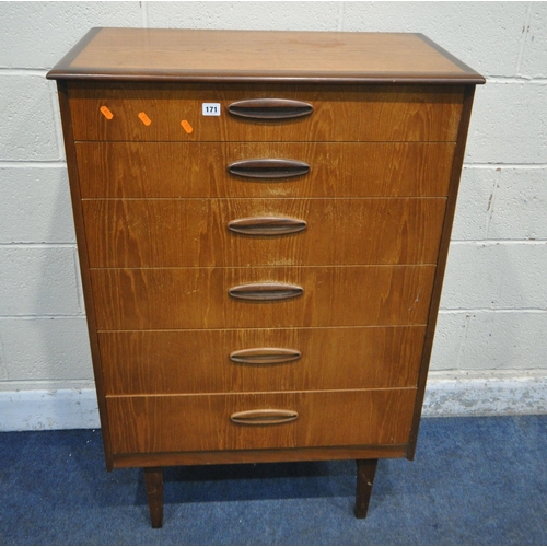 171 - A MID-CENTURY TALL TEAK CHEST OF SIX GRADUATED DRAWERS, width 77cm x depth 42cm x height 118cm, cond... 