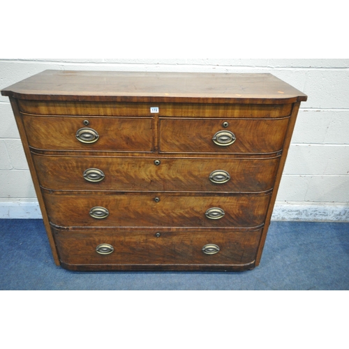 172 - A GEORGIAN FLAME MAHOGANY BOW FRONT CHEST OF TWO SHORT AND THREE LONG DRAWERS, with brass handles, o... 