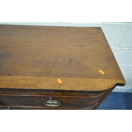 172 - A GEORGIAN FLAME MAHOGANY BOW FRONT CHEST OF TWO SHORT AND THREE LONG DRAWERS, with brass handles, o... 