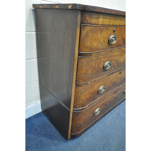 172 - A GEORGIAN FLAME MAHOGANY BOW FRONT CHEST OF TWO SHORT AND THREE LONG DRAWERS, with brass handles, o... 