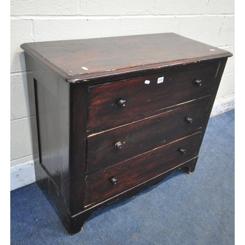 175 - A STAINED PINE CHEST OF THREE DRAWERS, width 50cm x depth 42cm x height 77cm, condition report: scuf... 