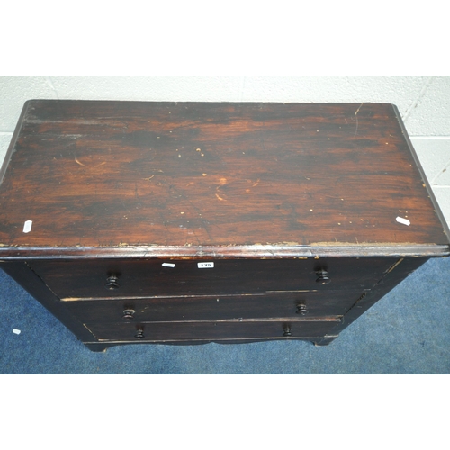 175 - A STAINED PINE CHEST OF THREE DRAWERS, width 50cm x depth 42cm x height 77cm, condition report: scuf... 