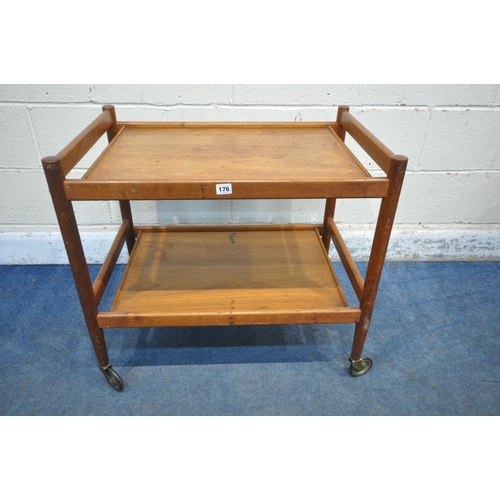 176 - A MID-CENTURY DANISH TEAK TWO TIER TEA TROLLEY, length 72cm x depth 48cm x height 66cm, condition re... 