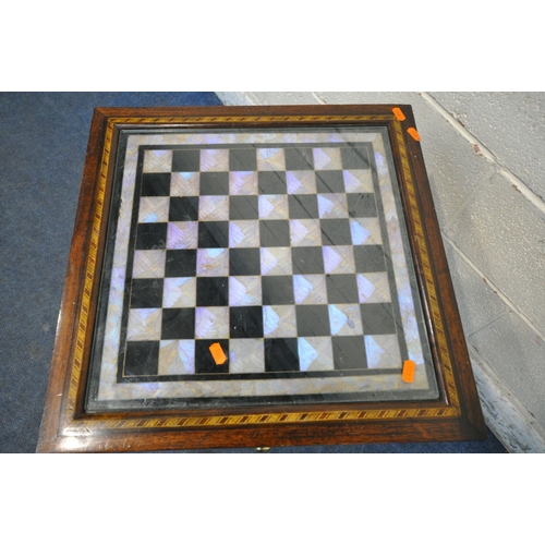 178 - AN EDWARDIAN SQUARE MAHOGANY GAMES TABLE, with a chess table top, and two drawers, containing a quan... 