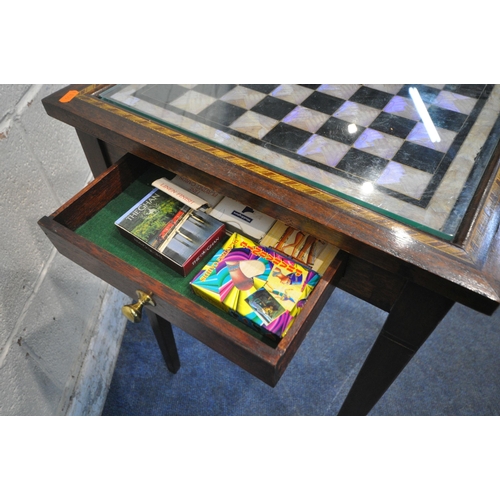 178 - AN EDWARDIAN SQUARE MAHOGANY GAMES TABLE, with a chess table top, and two drawers, containing a quan... 