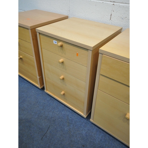 179 - A SET OF THREE MODERN BEECH FILING CABINETS, one with four drawers, two with three drawers (3)