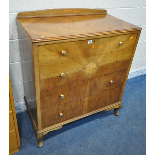 183 - AN EARLY 20TH CENTURY WALNUT CHEST OF FOUR LONG DRAWERS, with sunburst detail, on cabriole legs, wid... 